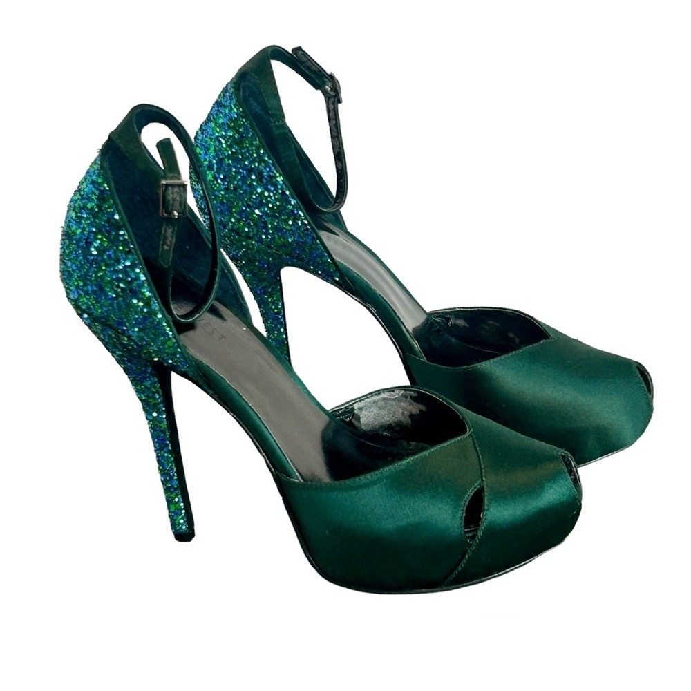 Nine West satin green blue glitter platform strappy peep toe high heels 8.5